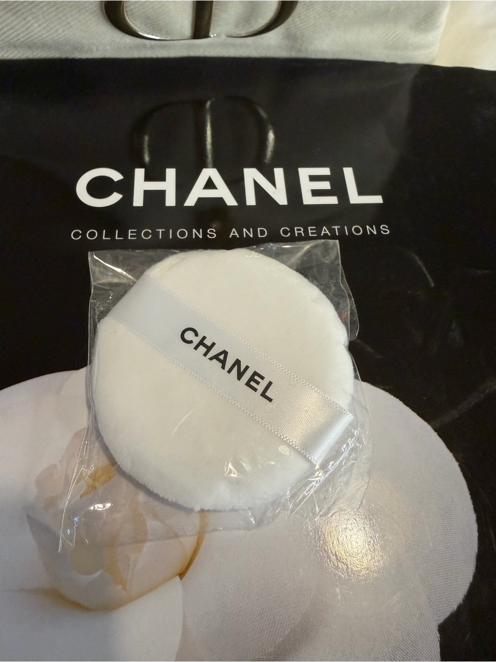 CHANEL White Round Powder Puff with Branded Ribbon